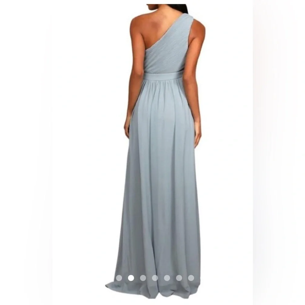 NWT Lulus Lovely Endings Dusty Blue One-Shoulder Pleated Maxi Dress - Picture 3 of 9